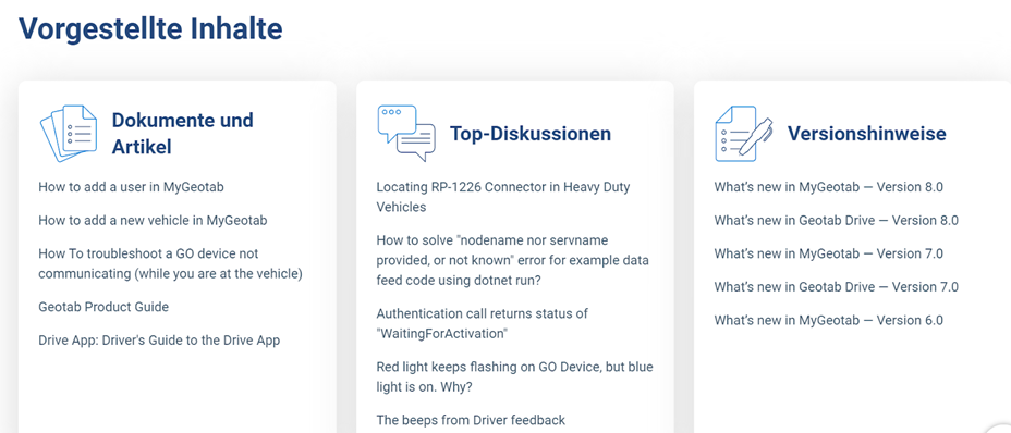 Menü der vorgestellten Inhalte auf der Seite des Geotab Support Centers
